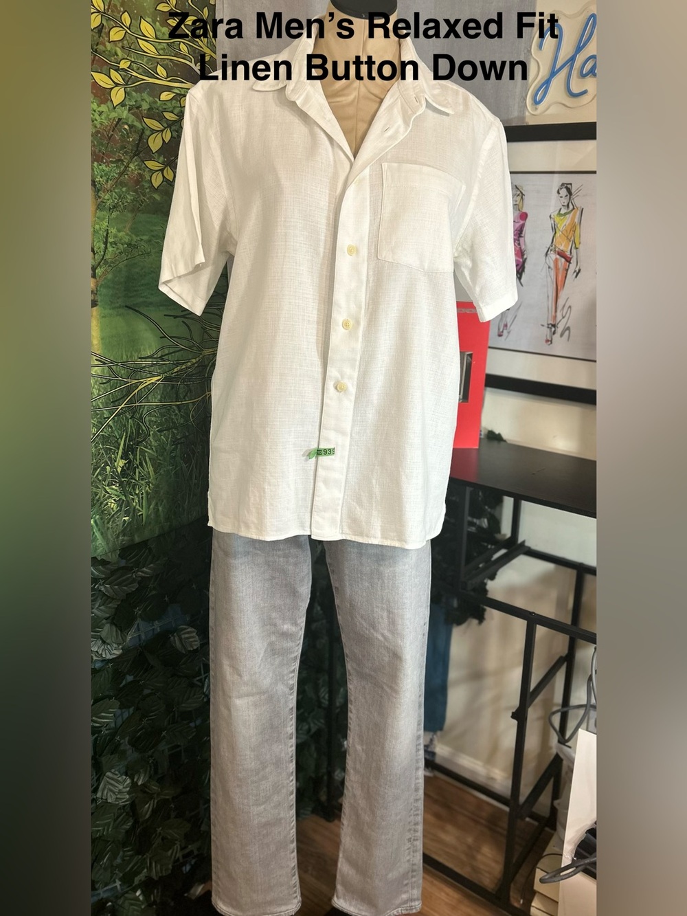 Zara White Relaxed Fit Linen Mens Button Down Casual Shirt: Size M